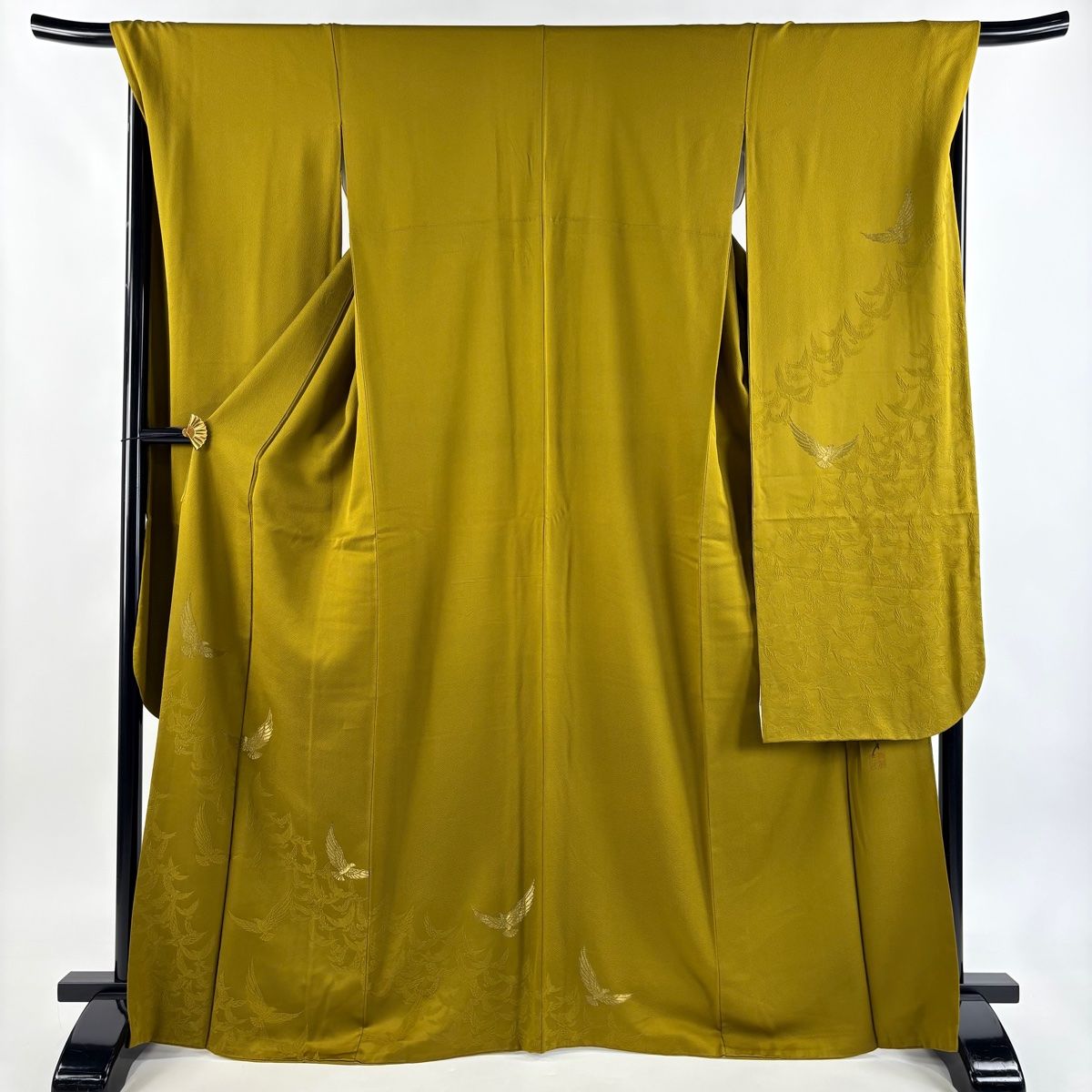 振袖 身丈167 cm 裄丈68.5 L 袷 落款 鳥 地紋 金糸 鶯色 正絹