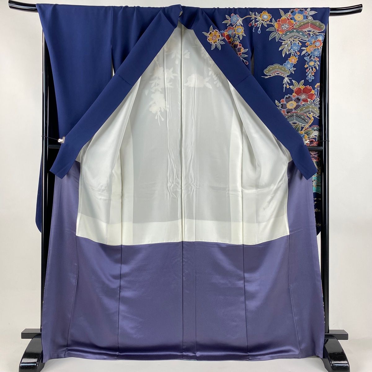  振袖 身丈171.5 cm 裄丈69 L 袷 花車 松竹梅 染め分け ぼかし 紺色 正絹 振袖 着物