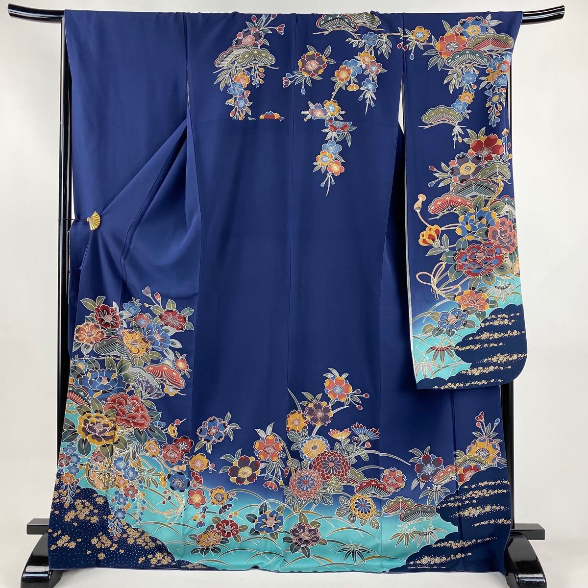 振袖 身丈171 5 cm 裄丈69 L 袷 花車 松竹梅 染め分け ぼかし 紺色 正絹