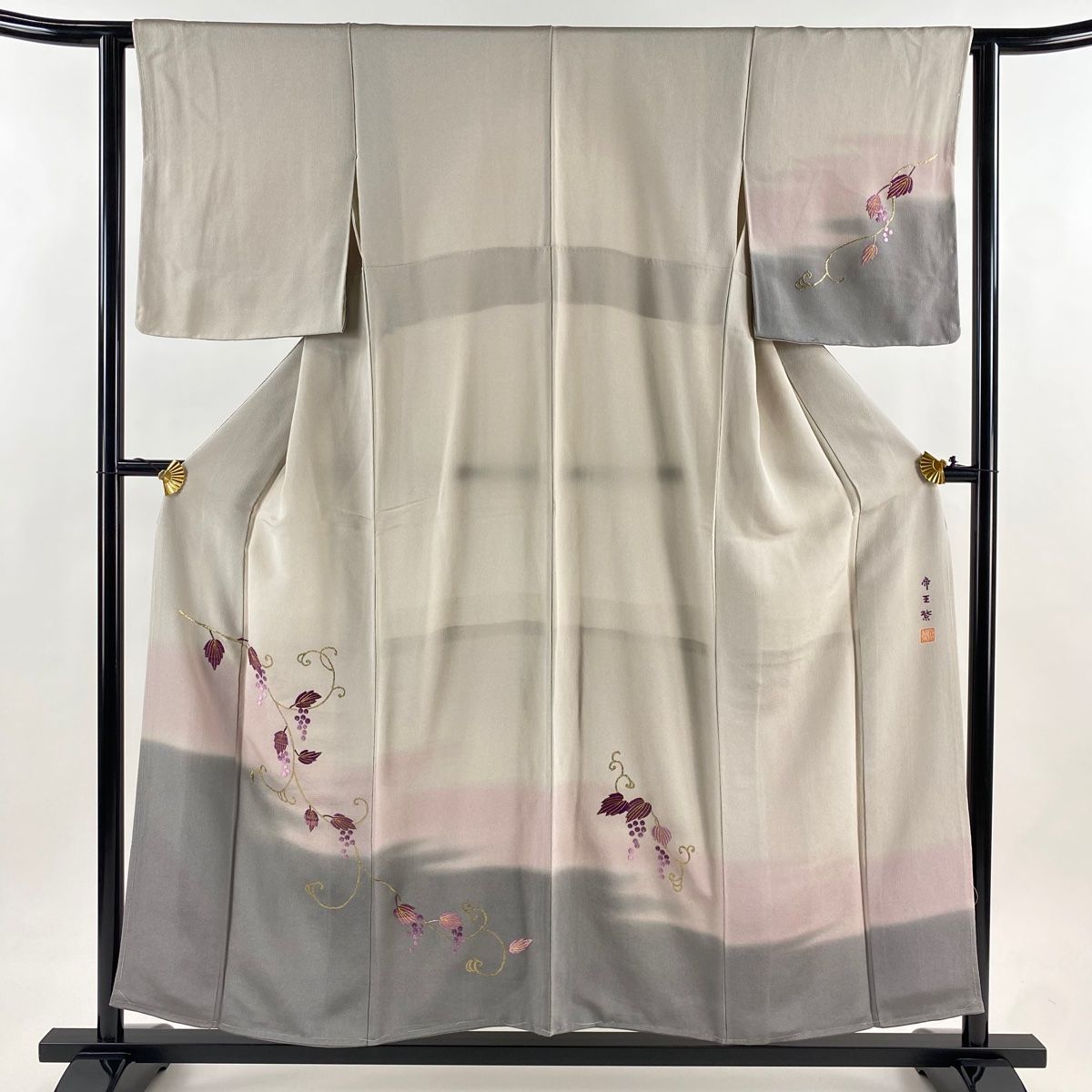 訪問着 身丈154 cm 裄丈64 M 袷 帝王紫 落款 葡萄 霞 刺繍 箔 薄小豆 正絹