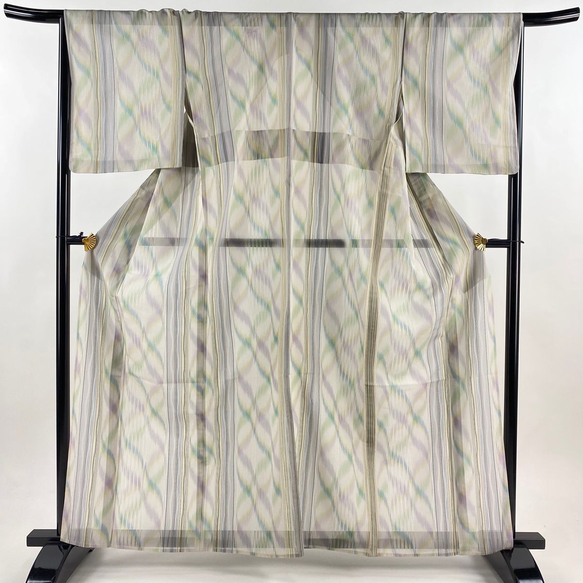 紬 身丈160 cm 裄丈67 M 薄物 縞 螺旋 灰白 正絹