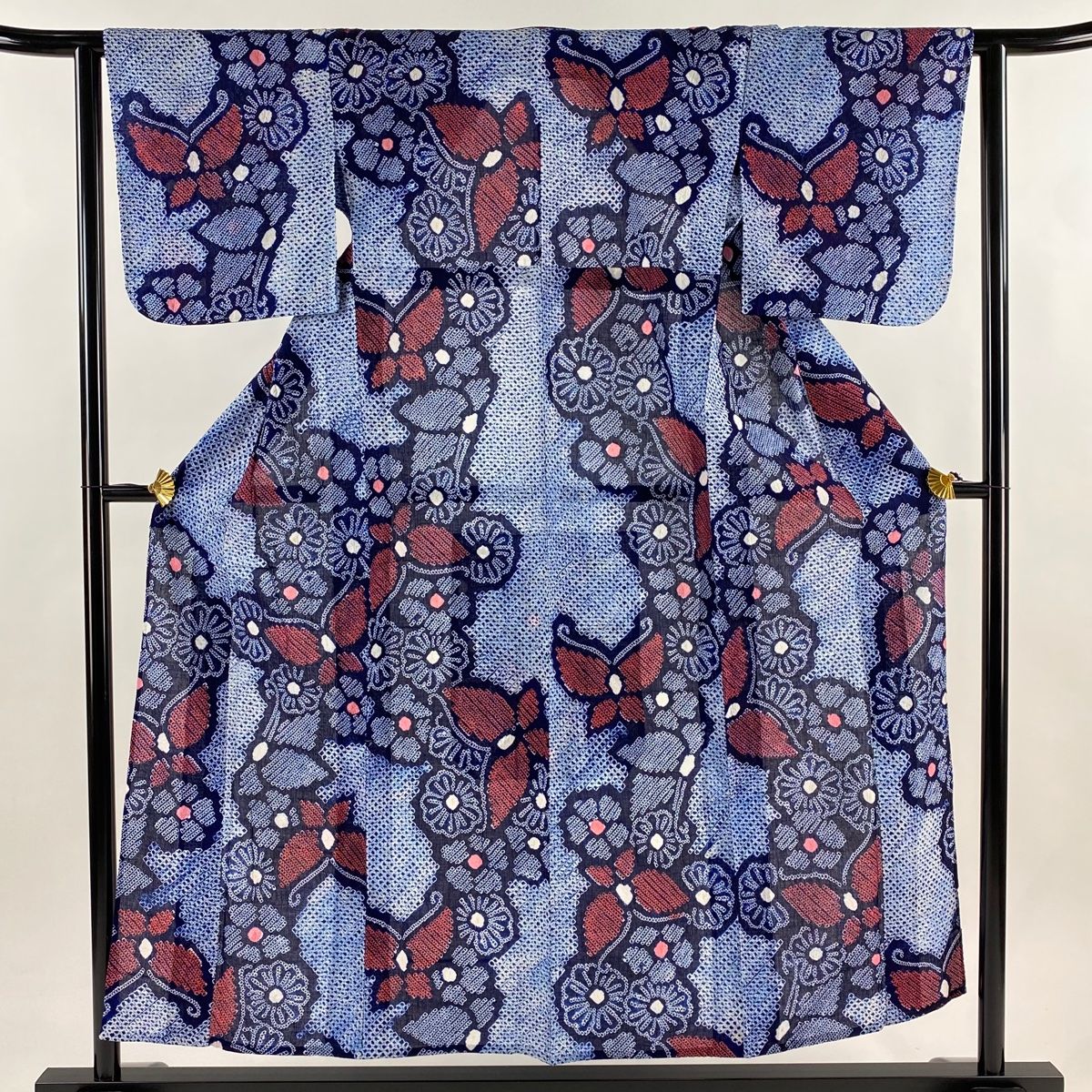 浴衣 身丈154 cm 裄丈62 5 S 絞り浴衣 菊 蝶 紺色 綿