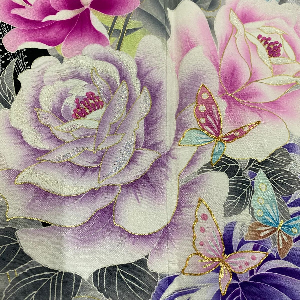  振袖 身丈155 cm 裄丈63 5 S 袷 草花 蝶 ラメ 金彩 クリーム 正絹 振袖 着物