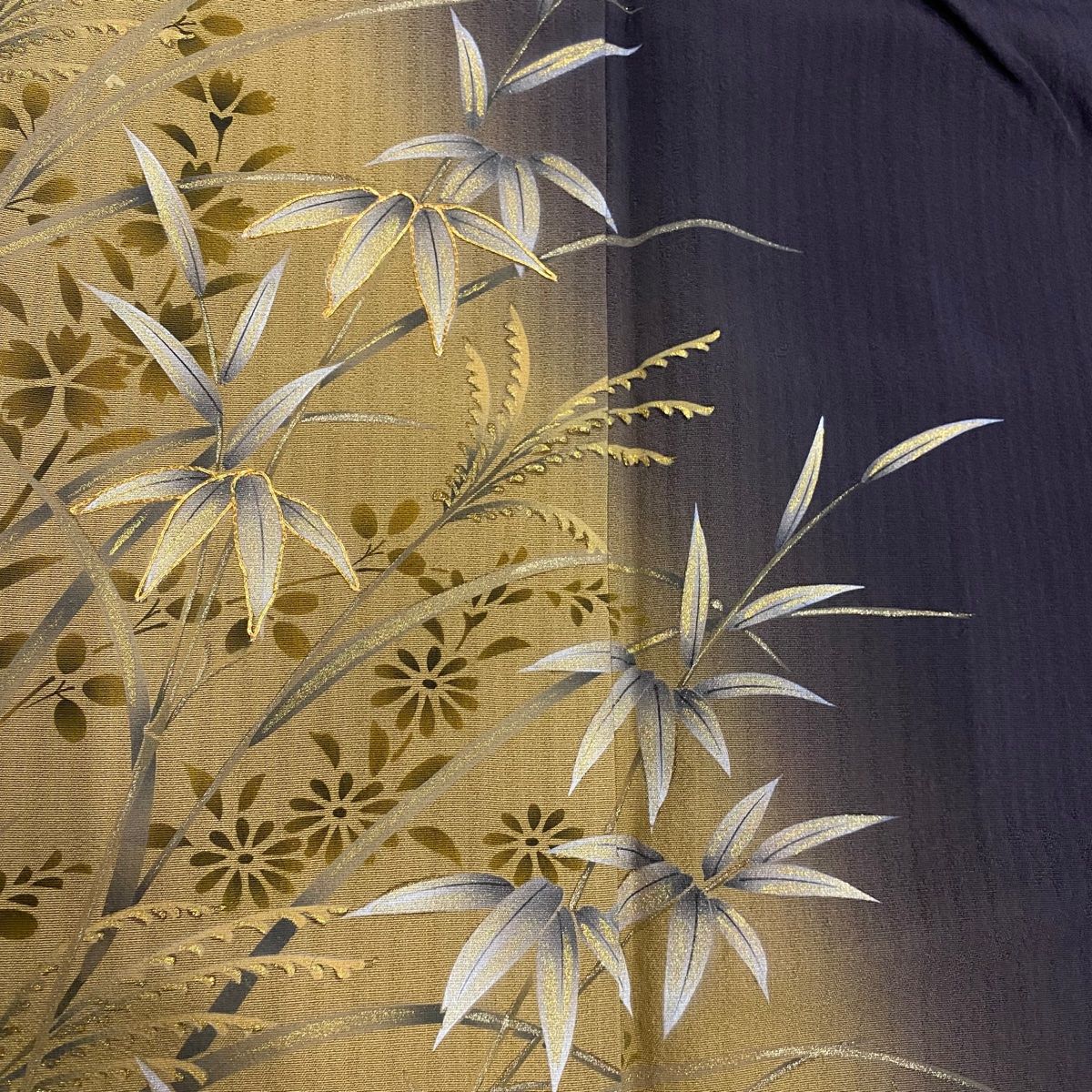  付下げ 身丈154 5 cm 裄丈67 M 袷 笹 秋草 金糸 金彩 茶紫 正絹 訪問着 付け下げ 着物
