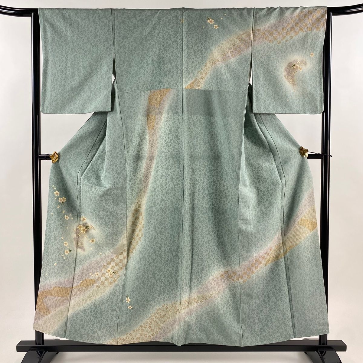 訪問着 身丈156 cm 裄丈64 M 袷 桜 市松 金糸 金銀彩 薄緑 正絹 一つ紋