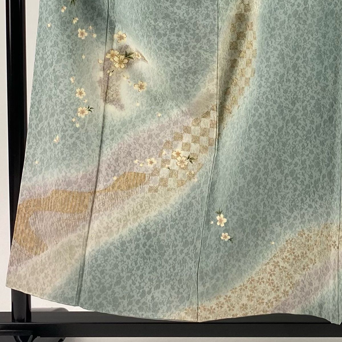 訪問着 身丈156 cm 裄丈64 M 袷 桜 市松 金糸 金銀彩 薄緑 正絹 一つ紋