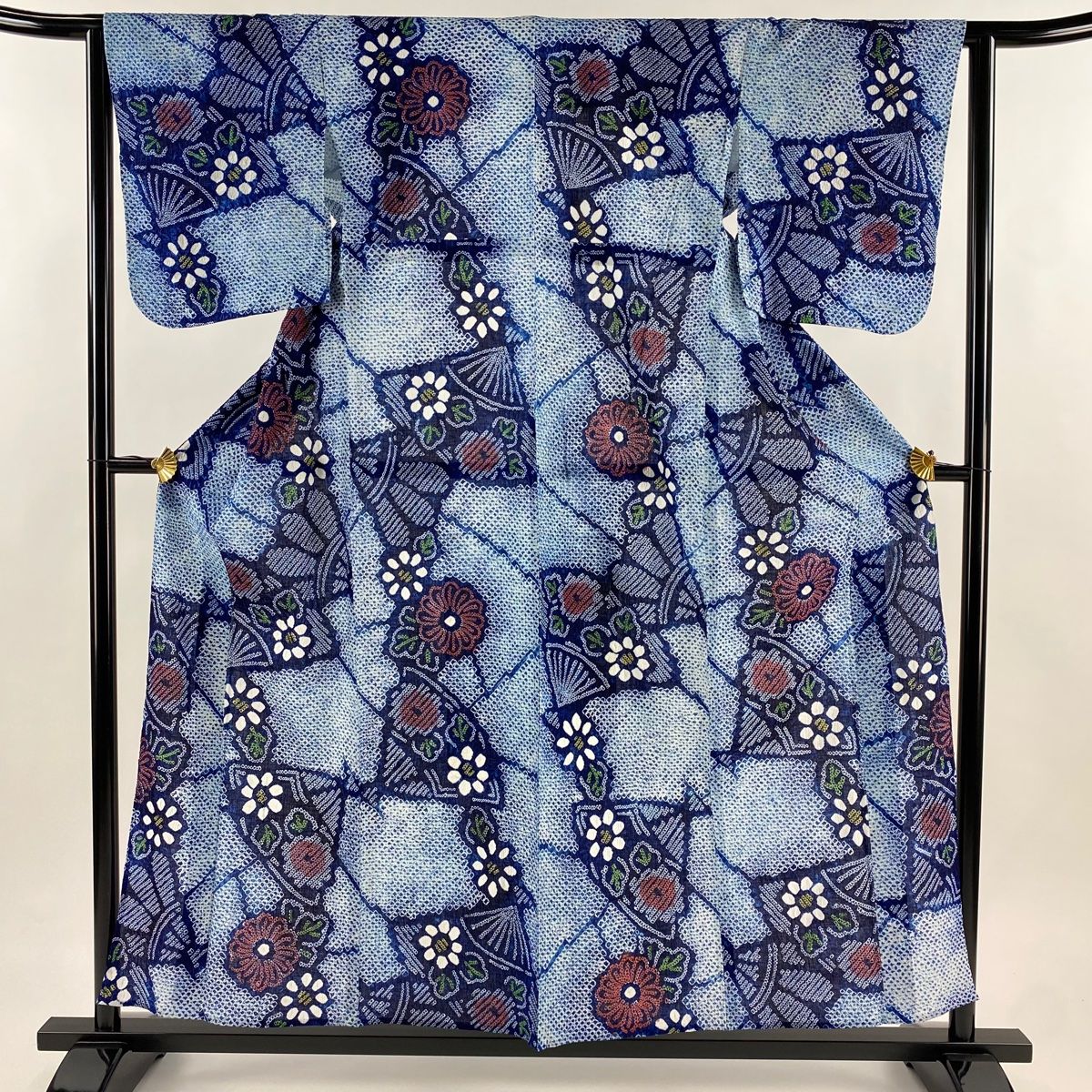 浴衣 身丈156.5 cm 裄丈63 S 絞り浴衣 菊 扇 青 綿