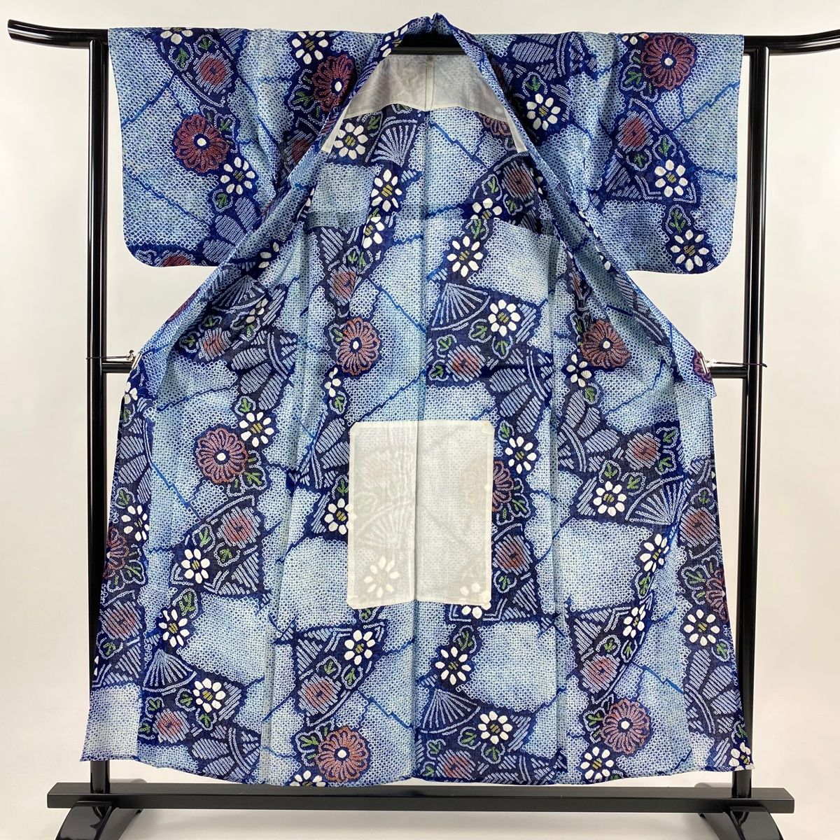  浴衣 身丈156.5 cm 裄丈63 S 絞り浴衣 菊 扇 青 綿 浴衣単品 浴衣