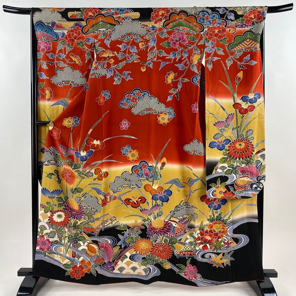 振袖 身丈163 cm 裄丈67 M 袷 鴛鴦 菊 染め分け ちりめん 朱色 正絹