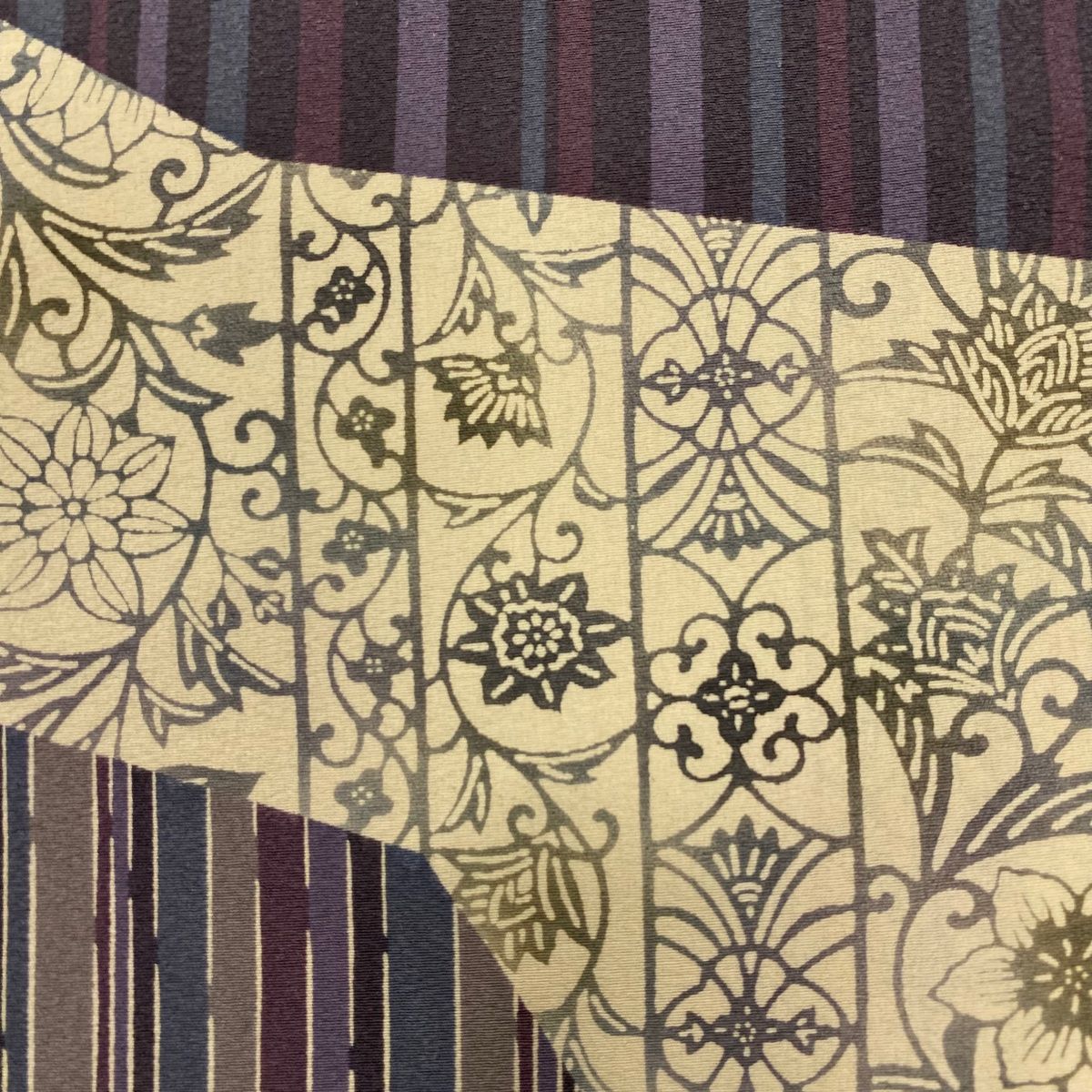  付下げ 身丈158.5 cm 裄丈64 M 袷 落款 花唐草 縞 染め分け 灰緑 正絹 訪問着 付け下げ 着物