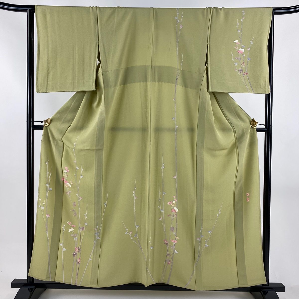 訪問着 身丈158 cm 裄丈65 5 M 単衣 百貫達雄 落款 菊 抹茶色 正絹