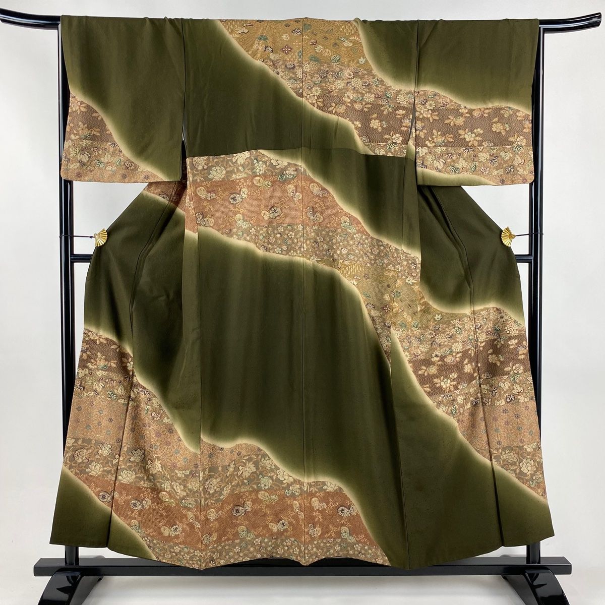 訪問着 身丈154 5 cm 裄丈67 M 袷 麻の葉 花唐草 刺繍 ぼかし 茶緑色 正絹