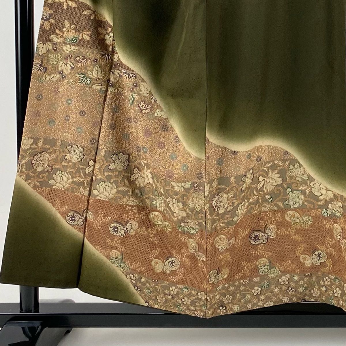 訪問着 身丈154 5 cm 裄丈67 M 袷 麻の葉 花唐草 刺繍 ぼかし 茶緑色 正絹