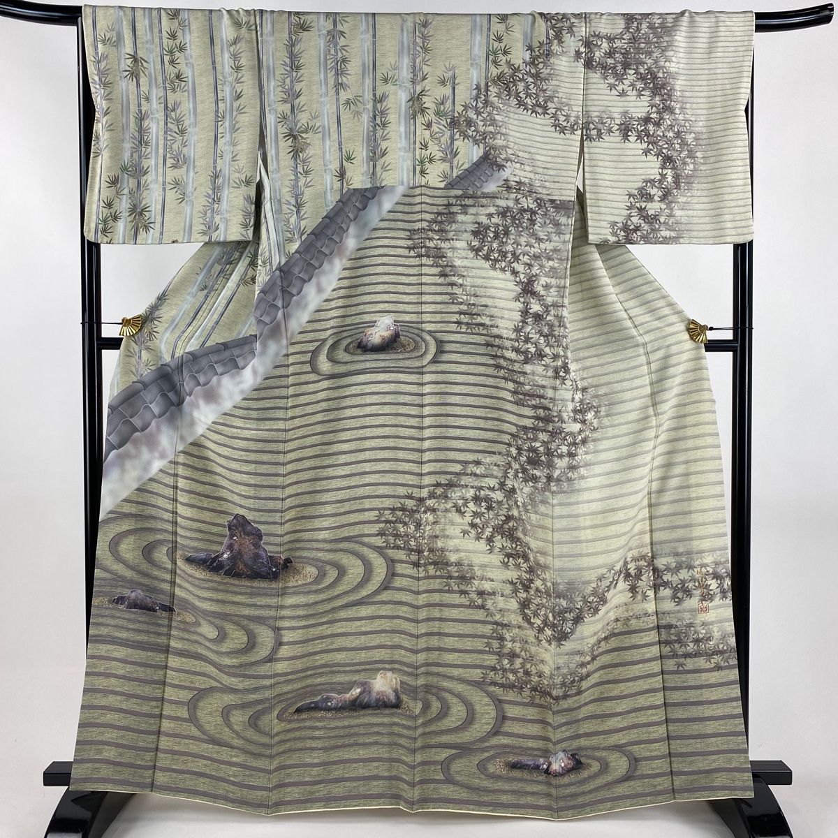 訪問着 身丈163 5 cm 裄丈68 L 袷 樋口敦也 落款 枯山水 竹 染め分け 灰緑 正絹