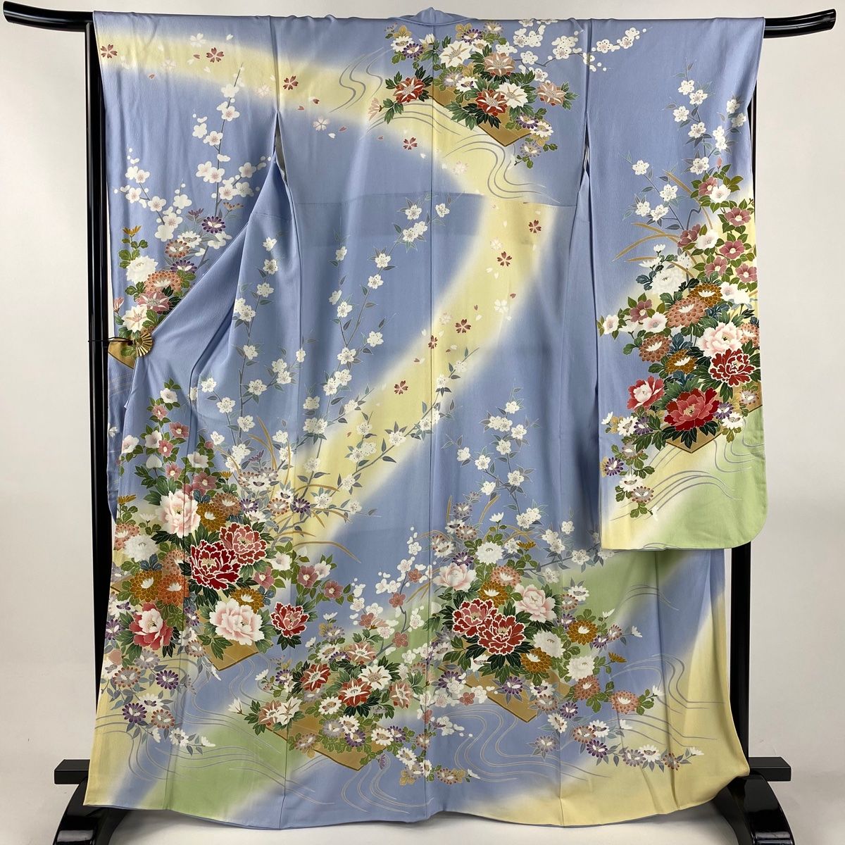 振袖 身丈164 5 cm 裄丈68 L 袷 草花 流水 染め分け ぼかし 水色 正絹