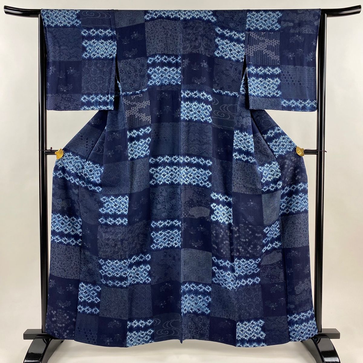 小紋 身丈161 cm 裄丈64 M 単衣 扇面 市松 紺色 正絹