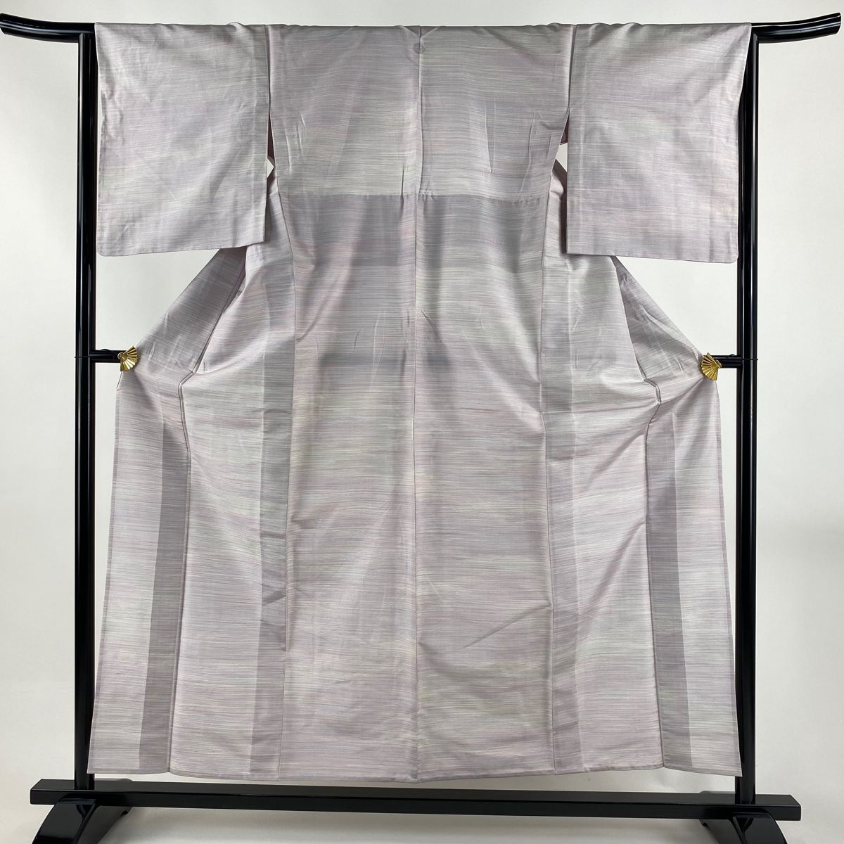 大島紬 身丈155 5 cm 裄丈63 S 単衣 屋久杉染 証紙 横縞 薄紫 正絹 一つ紋