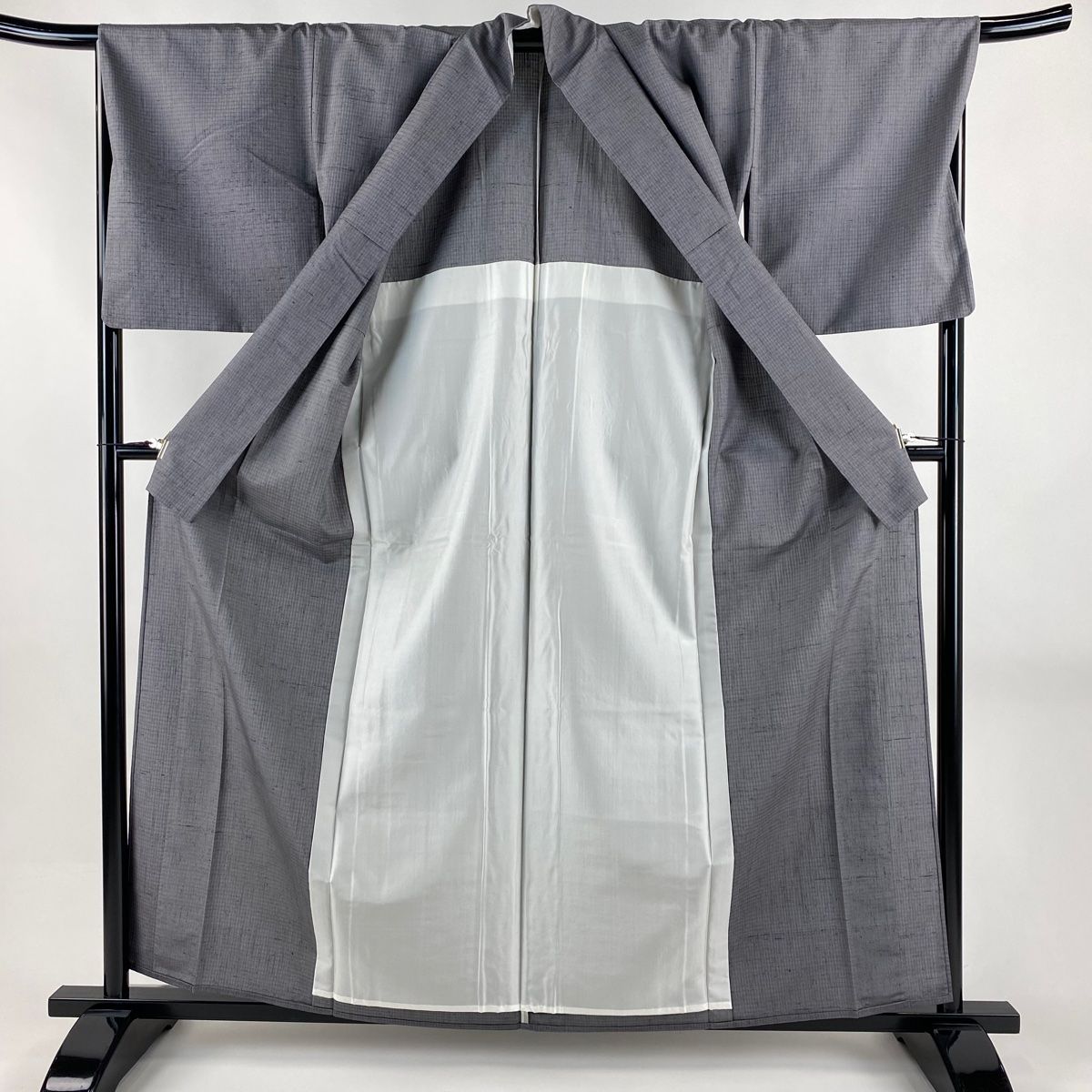  紬 身丈160 cm 裄丈67 M 単衣 赤城紬 奇翠 青柳 草木染 落款 証紙 格子 灰色 正絹 紬 着物