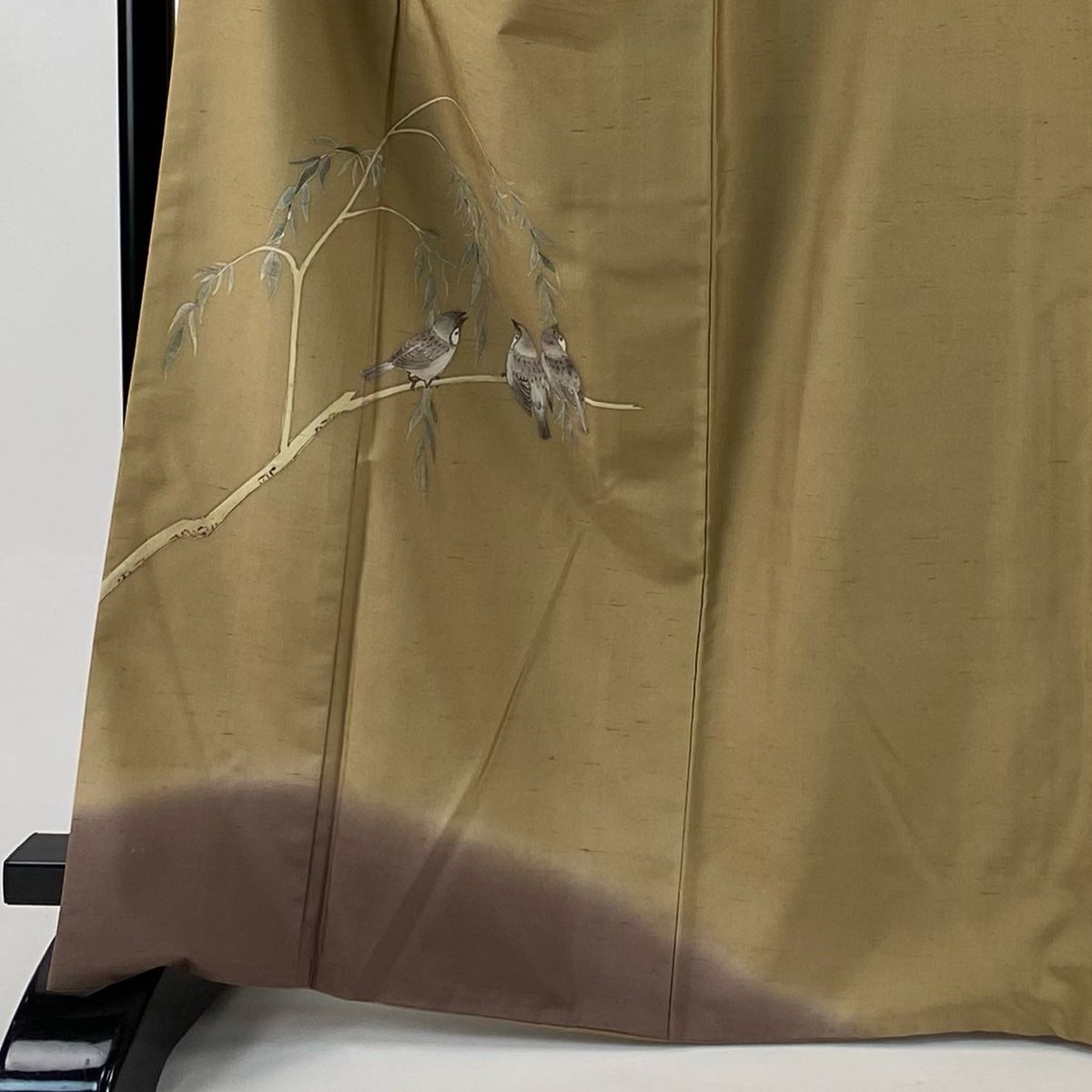 付下げ 身丈166 cm 裄丈64.5 M 袷 牛首紬地 落款 鳥 枝葉 ぼかし 黄土色 正絹