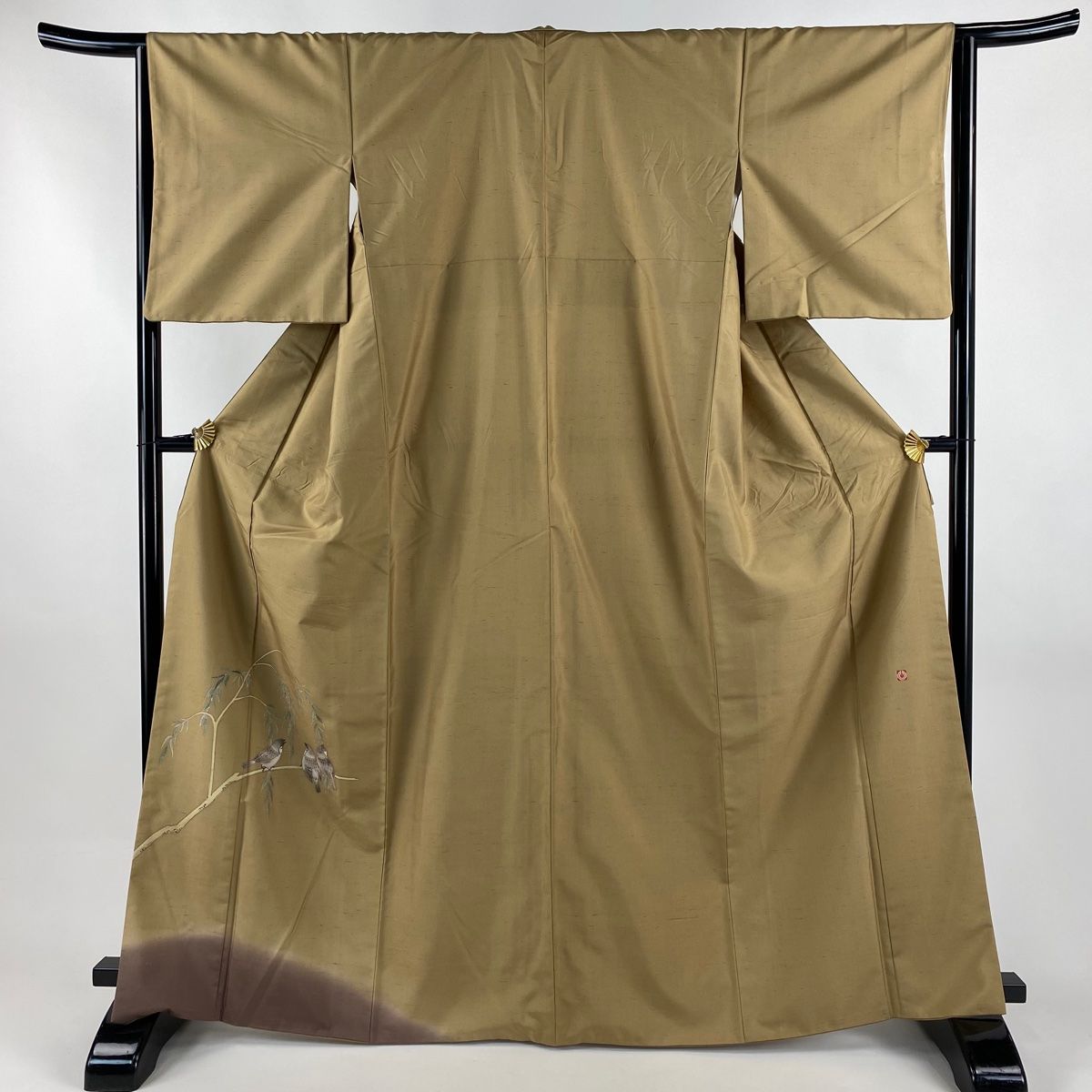 付下げ 身丈166 cm 裄丈64.5 M 袷 牛首紬地 落款 鳥 枝葉 ぼかし 黄土色 正絹