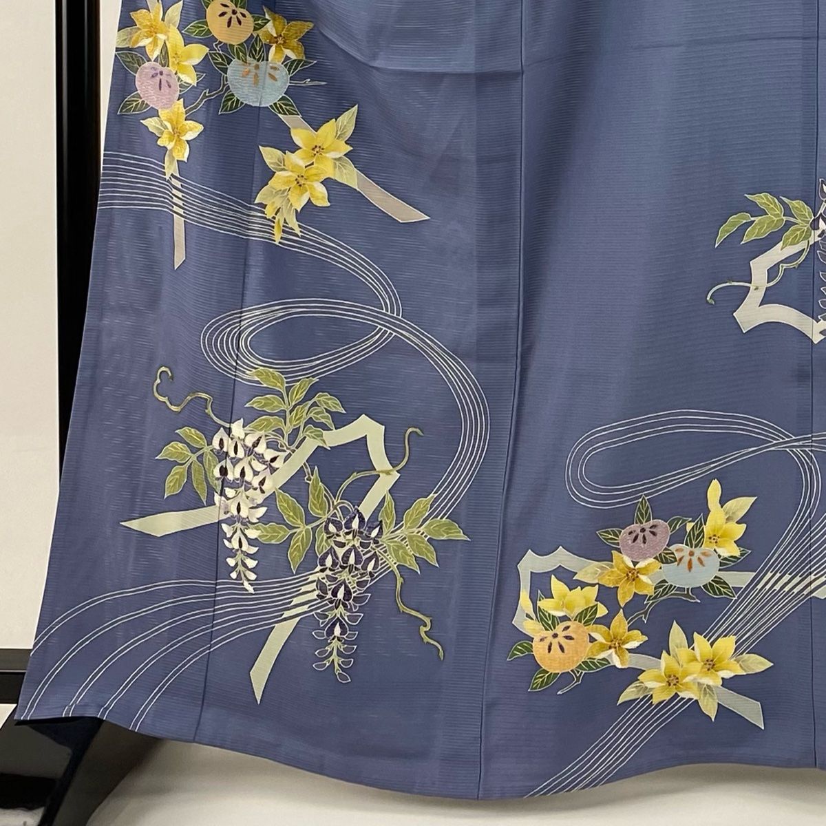 色留袖 身丈163 cm 裄丈66 M 薄物 大羊居 落款 橘 藤 金銀糸 刺繍 青灰色 正絹 三つ紋