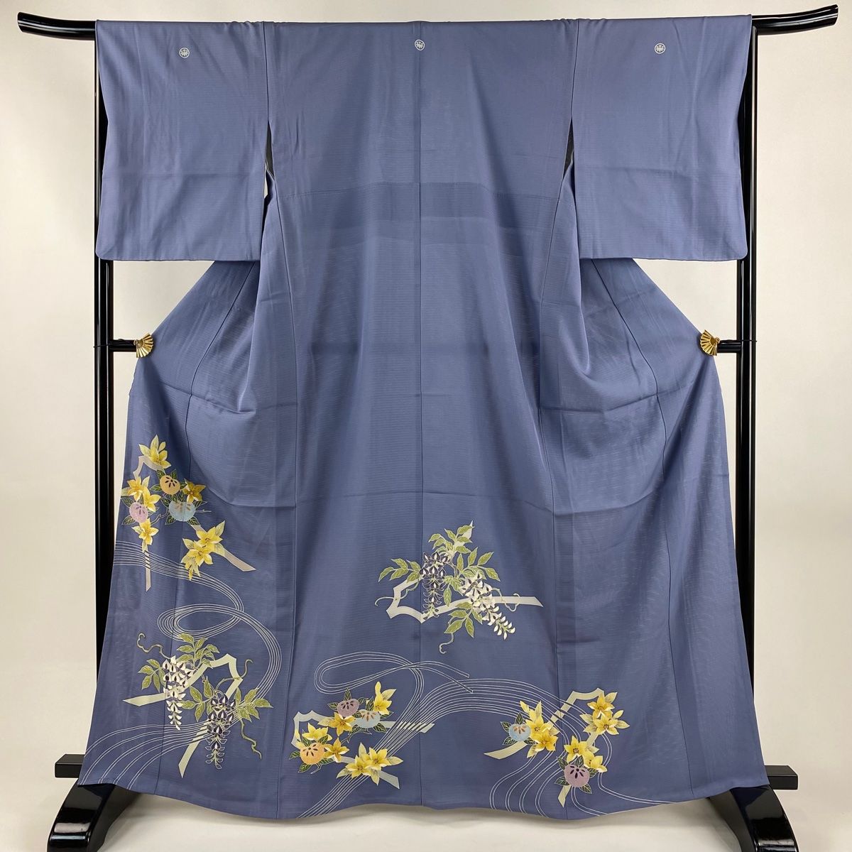 色留袖 身丈163 cm 裄丈66 M 薄物 大羊居 落款 橘 藤 金銀糸 刺繍 青灰色 正絹 三つ紋