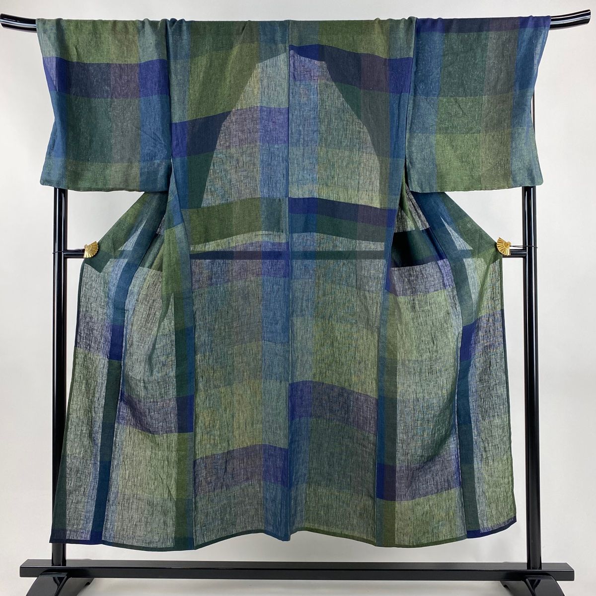 男着物 身丈149.5cm 裄丈75cm L 薄物 夏紬 幾何学 緑 正絹