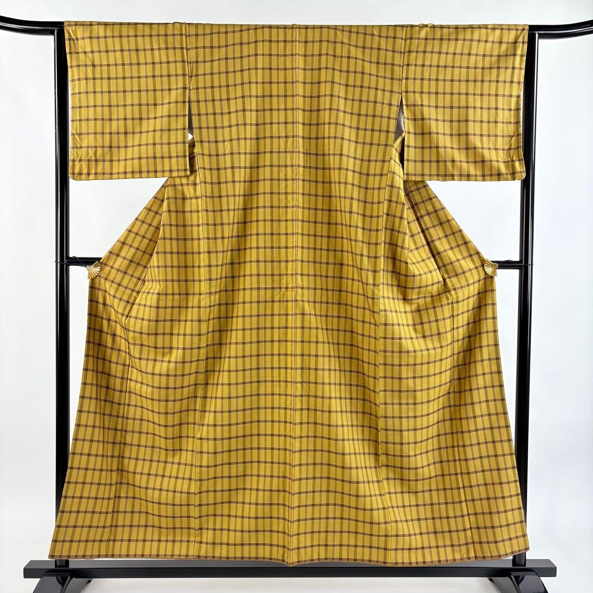 紬 身丈154 5 cm 裄丈64 M 袷 格子 山吹色 正絹