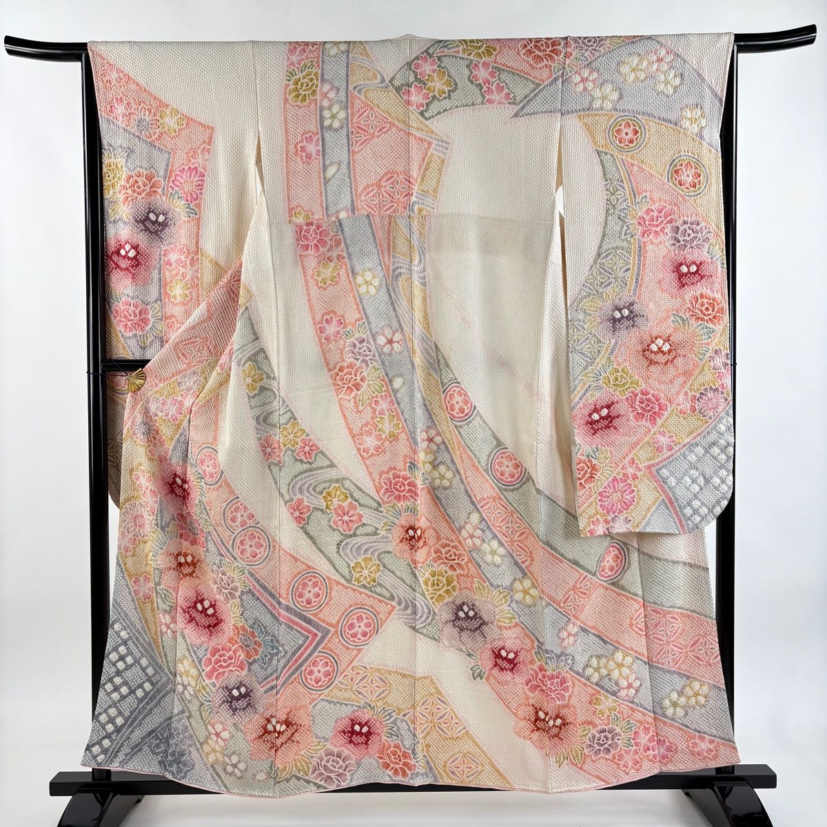 振袖 身丈157 cm 裄丈64 M 袷 草花 桜 総絞り 薄ピンク 正絹