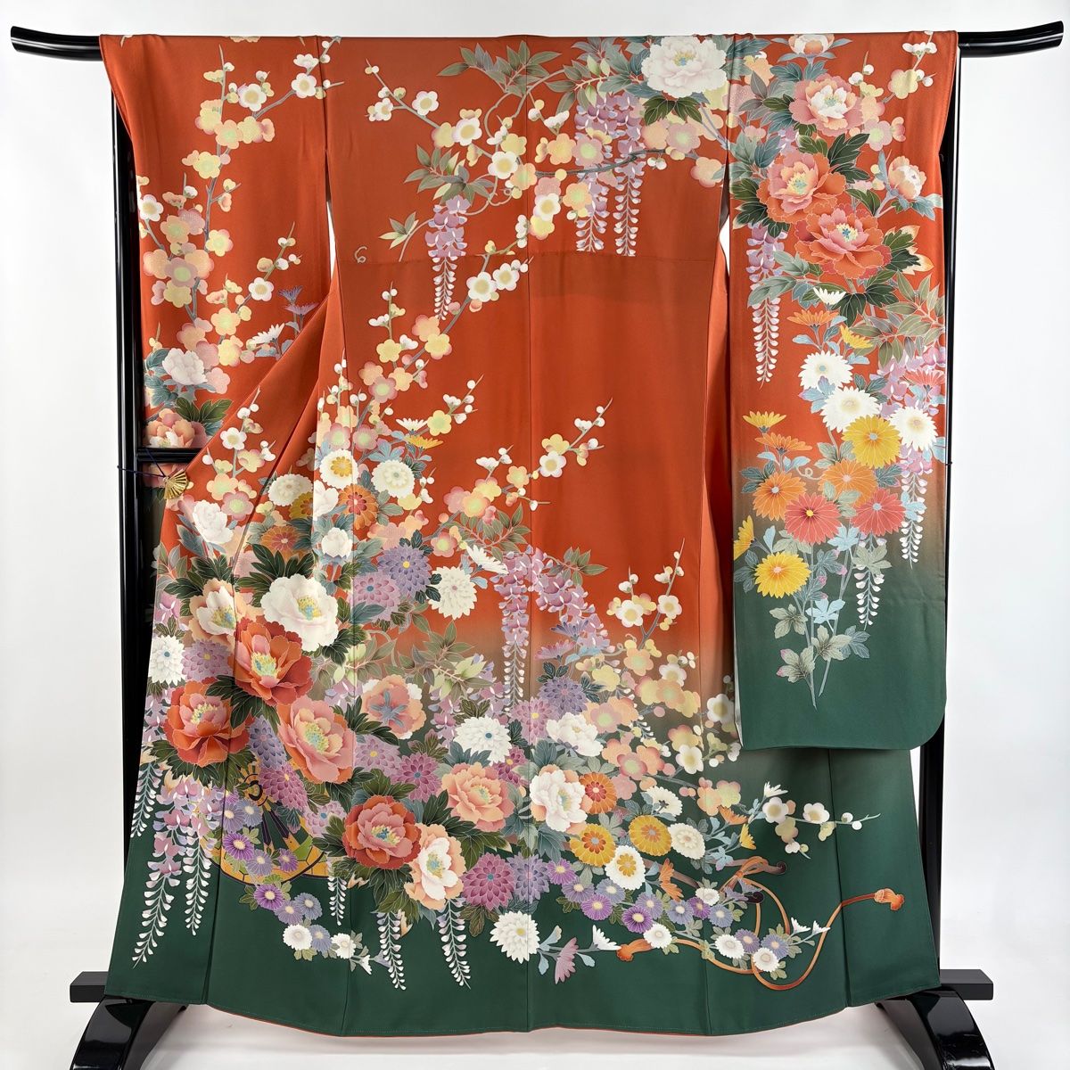 振袖 身丈163.5 cm 裄丈67 M 袷 田村哲彦 落款 花車 草花 染め分け オレンジ 正絹