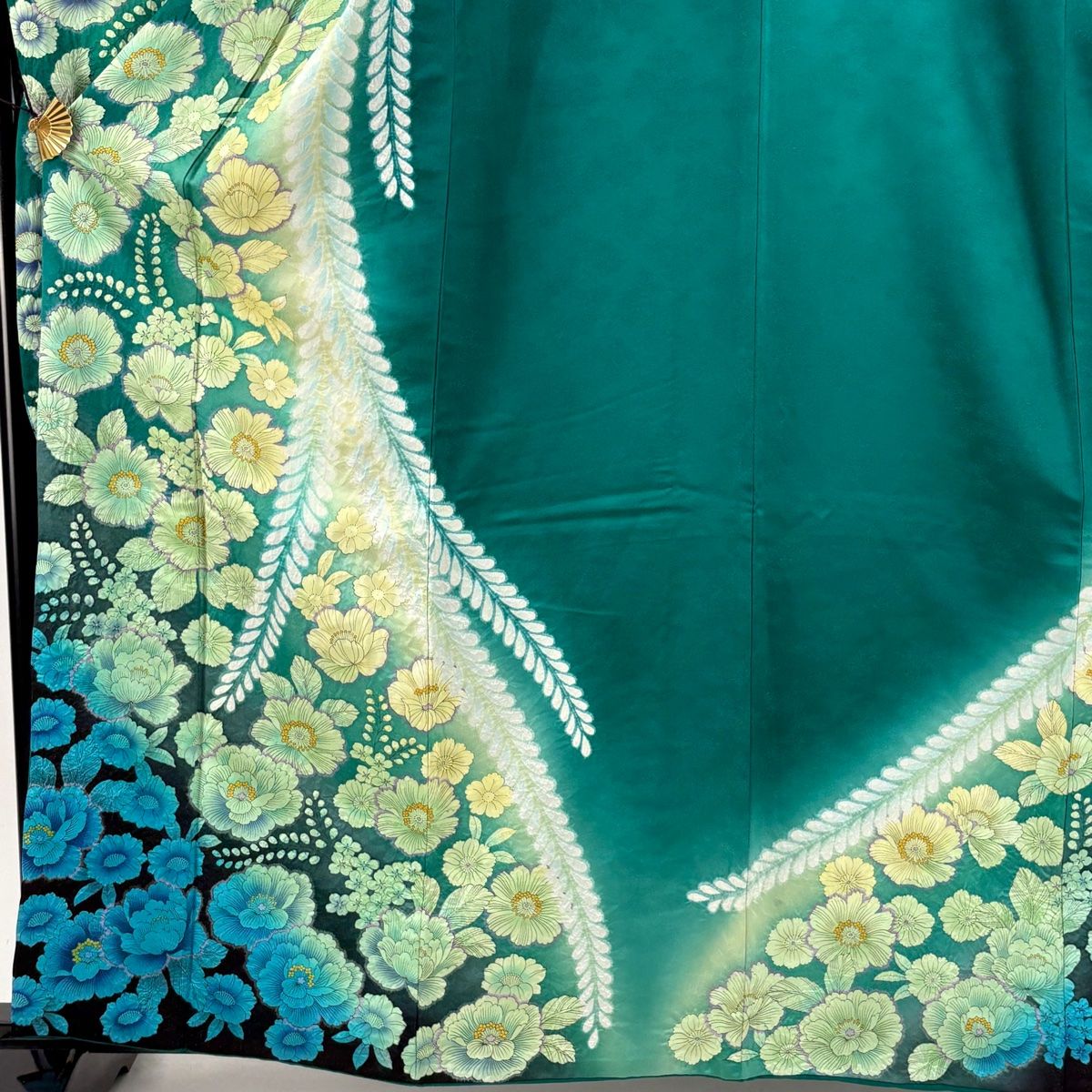 振袖 身丈164.5 cm 裄丈67 M 袷 草花 葉柄 銀通し 絞り 緑 正絹