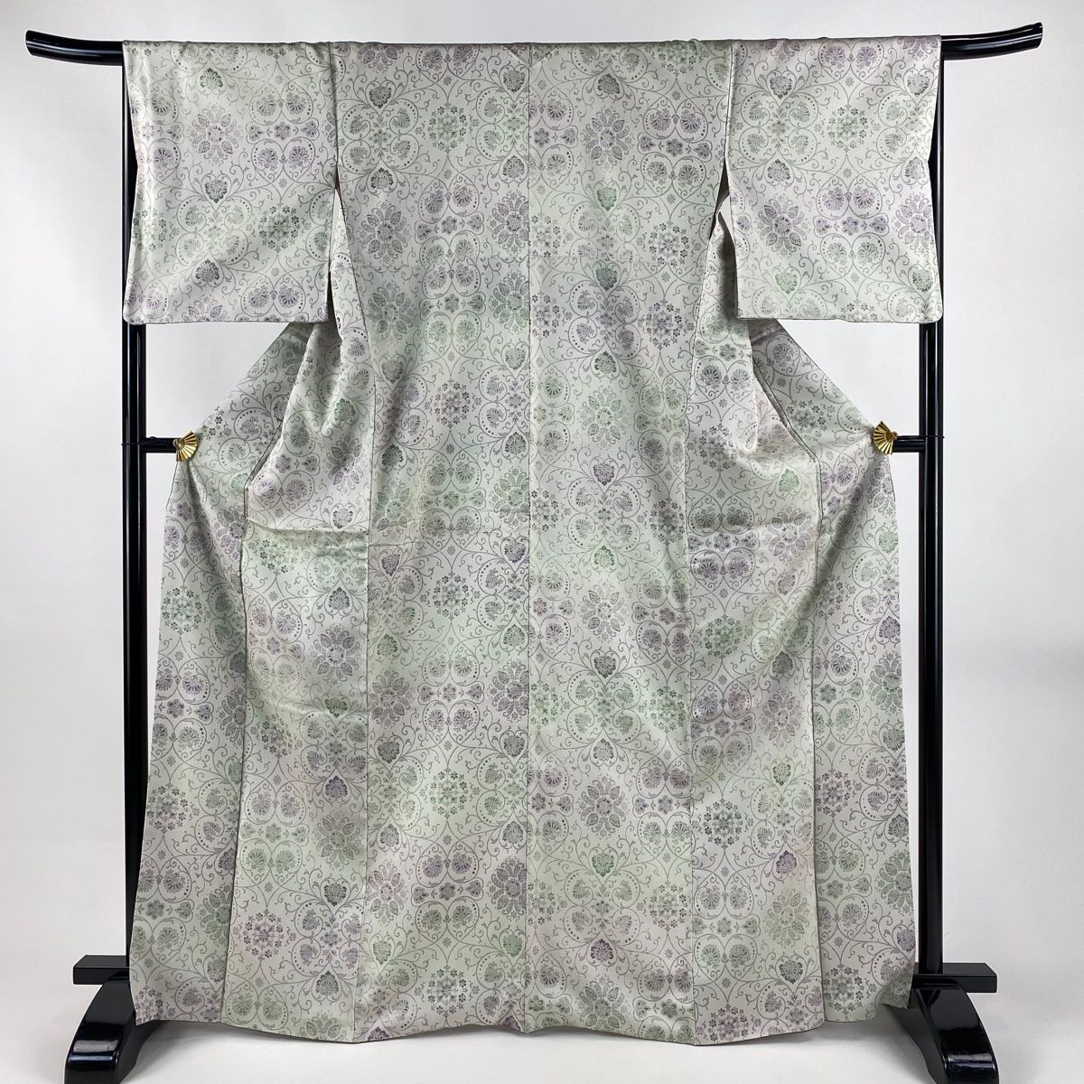 お召 身丈167.5 cm 裄丈66 M 袷 花唐草 灰白 正絹