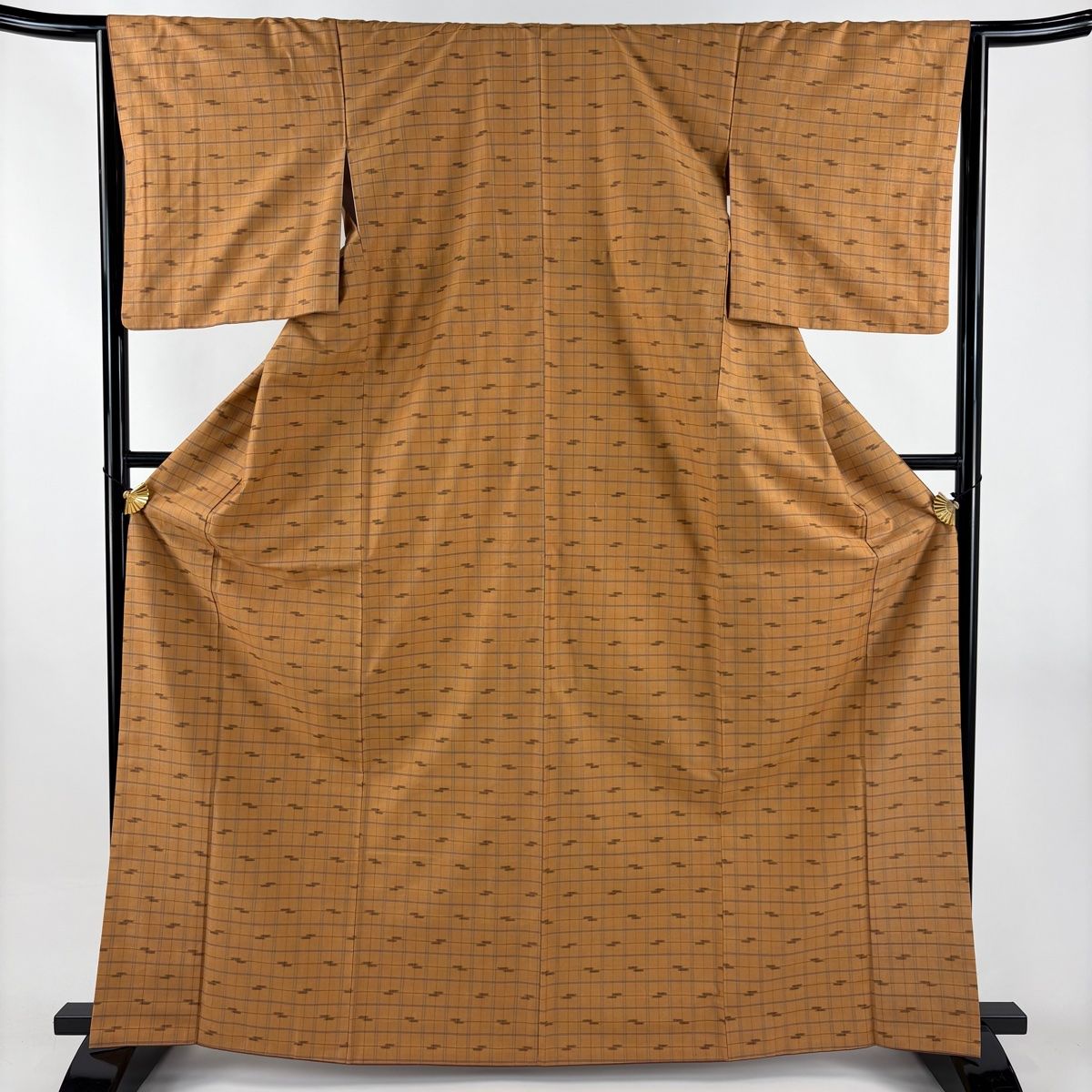 紬 身丈166.5 cm 裄丈65.5 M 袷 久米島紬 証紙 格子 幾何学模様 茶色 正絹