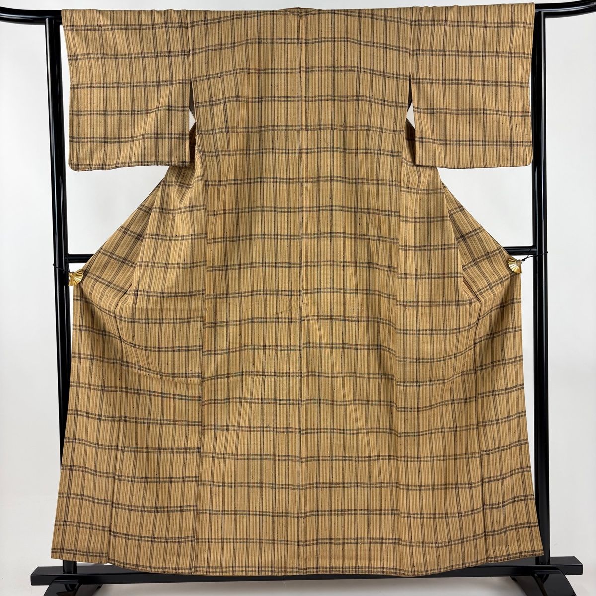 紬 身丈159 cm 裄丈63 S 袷 格子 薄茶色 正絹