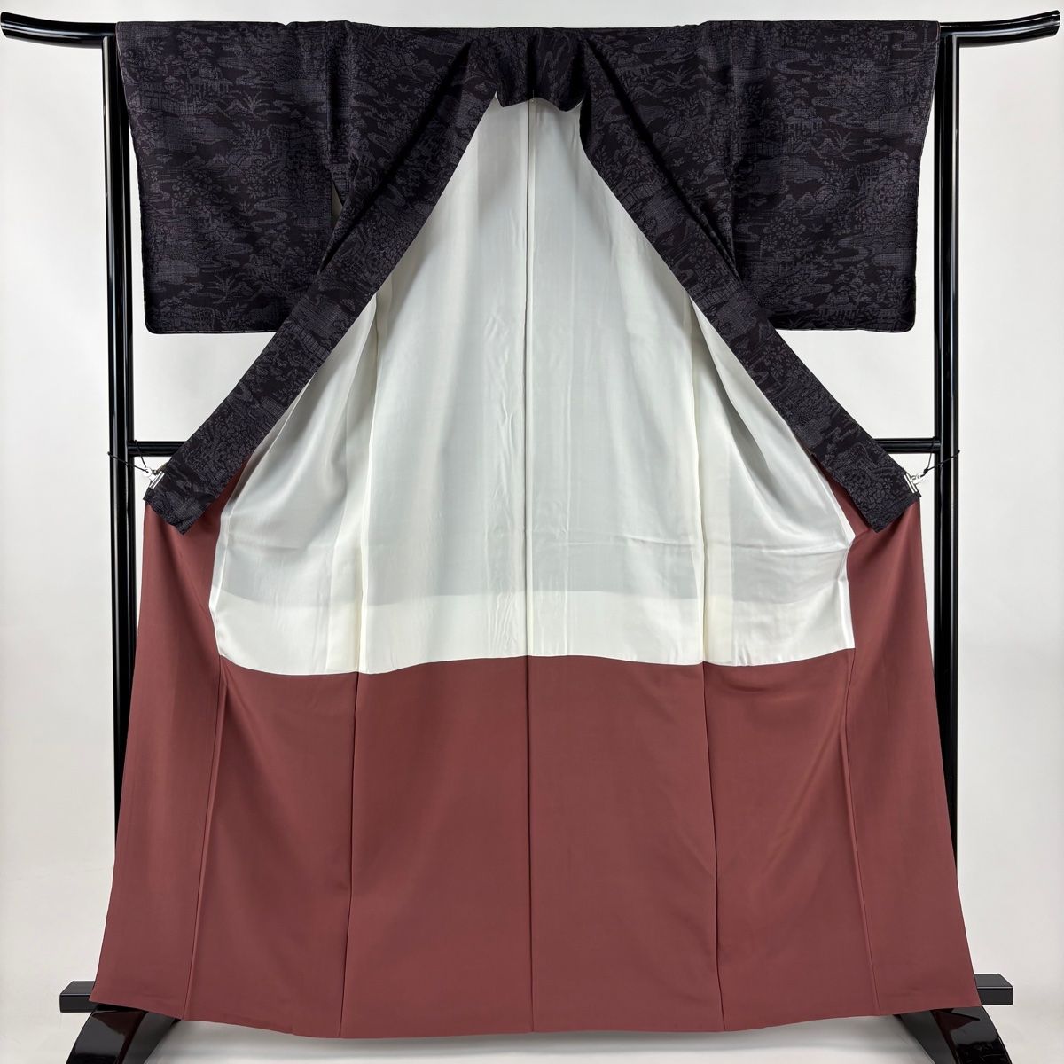  紬 身丈164 5 cm 裄丈64 M 袷 御所車 草花 濃紫 正絹 紬 着物