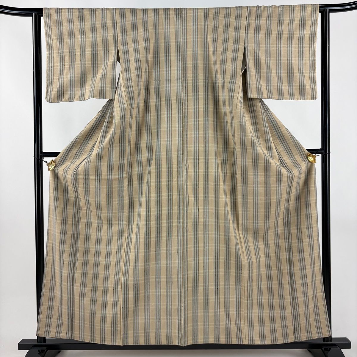 紬 身丈159 cm 裄丈62 S 袷 縦縞 薄茶色 正絹