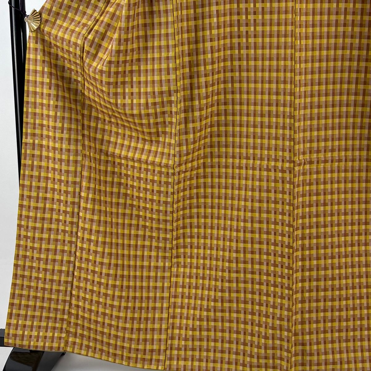 紬 身丈164 cm 裄丈67 M 袷 黄八丈 格子 黄土色 正絹