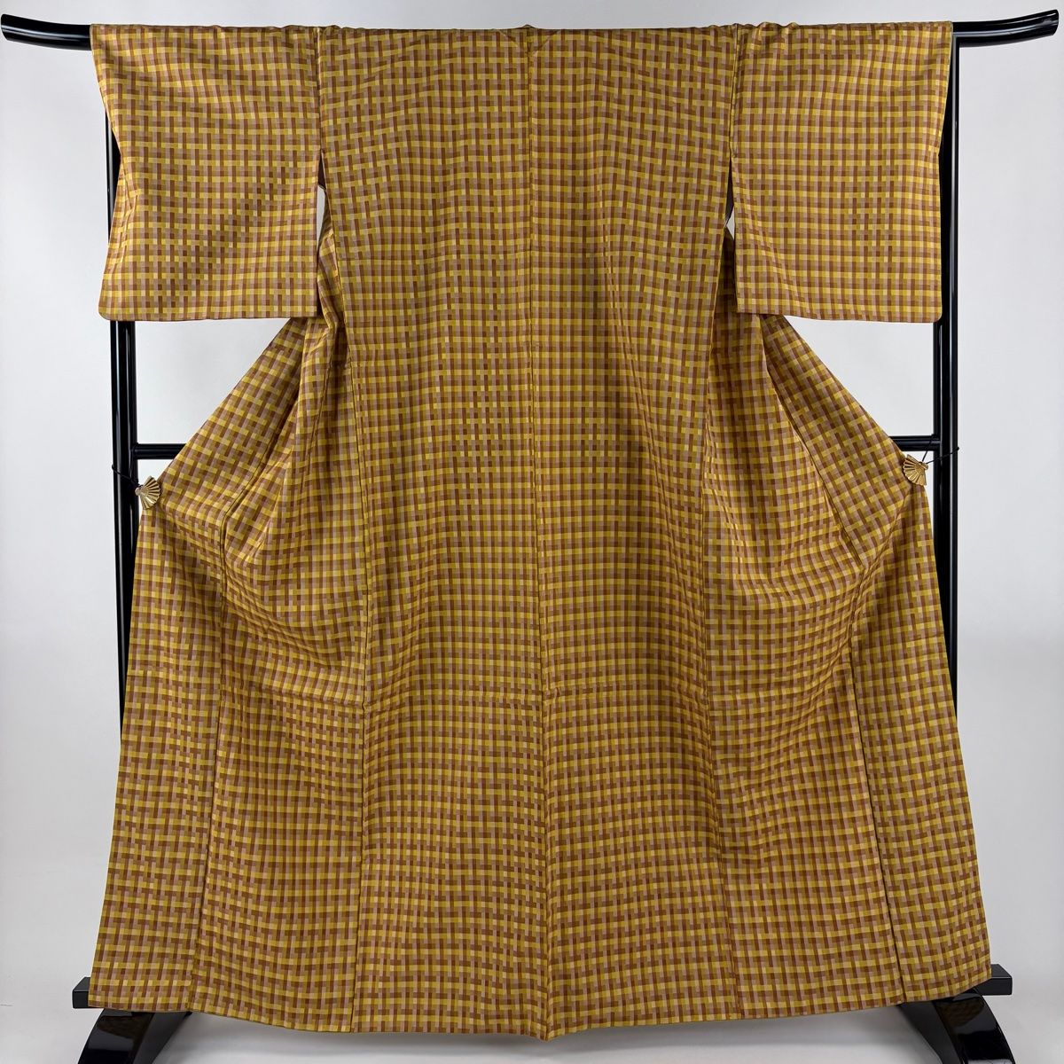 紬 身丈164 cm 裄丈67 M 袷 黄八丈 格子 黄土色 正絹