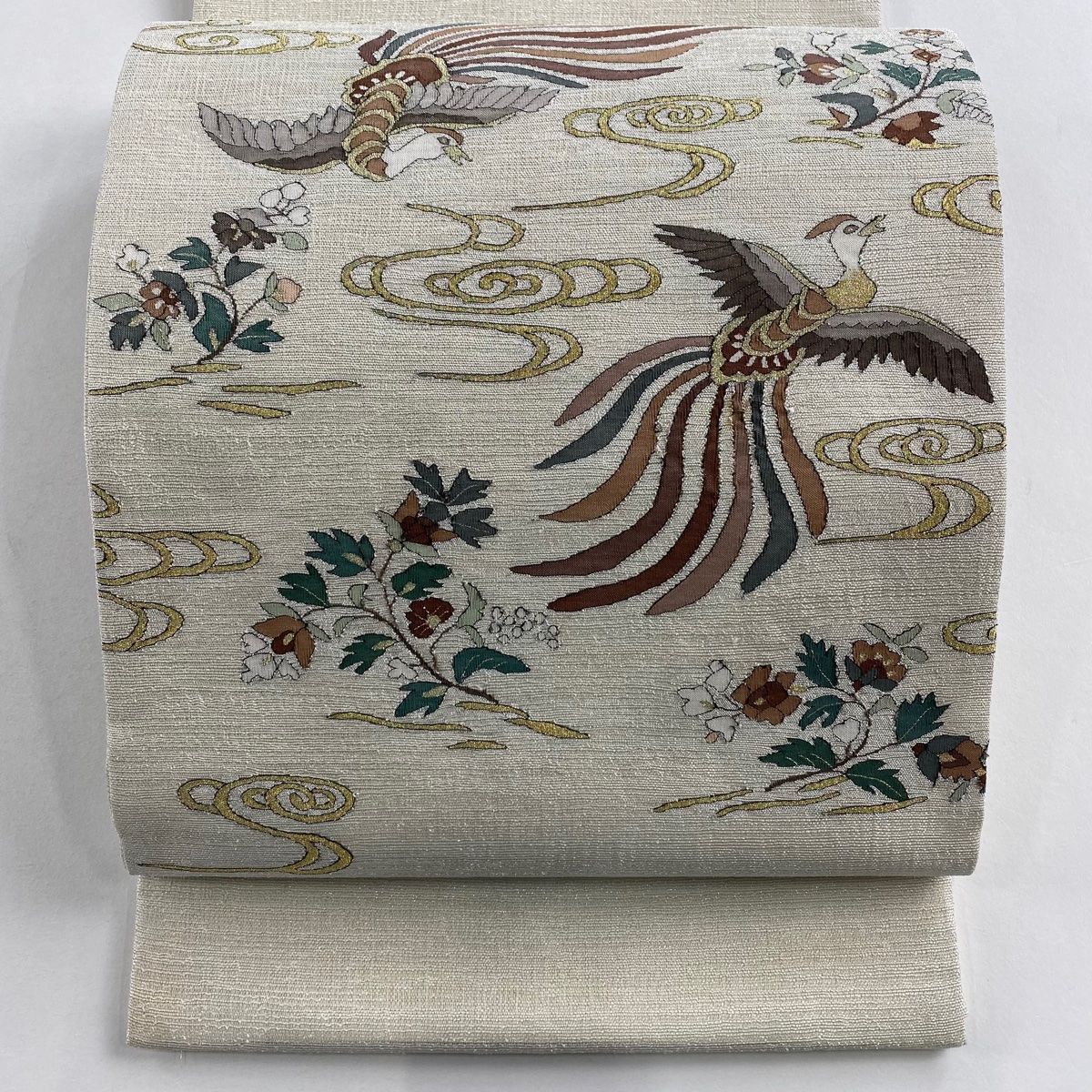 袋帯 夏帯 尾長鳥 草花 金銀糸 灰白 お太鼓柄 正絹