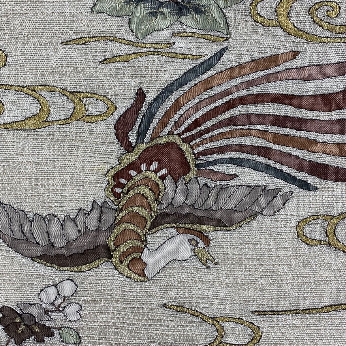 袋帯 夏帯 尾長鳥 草花 金銀糸 灰白 お太鼓柄 正絹