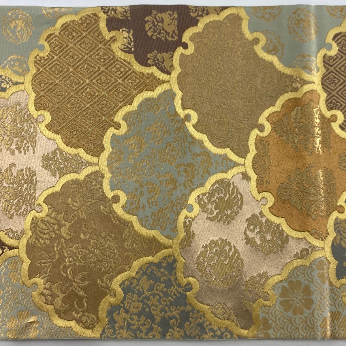 美品】 袋帯 名品 川島織物 落款 雪輪 花鳥 金糸 箔 灰緑 六通 正絹