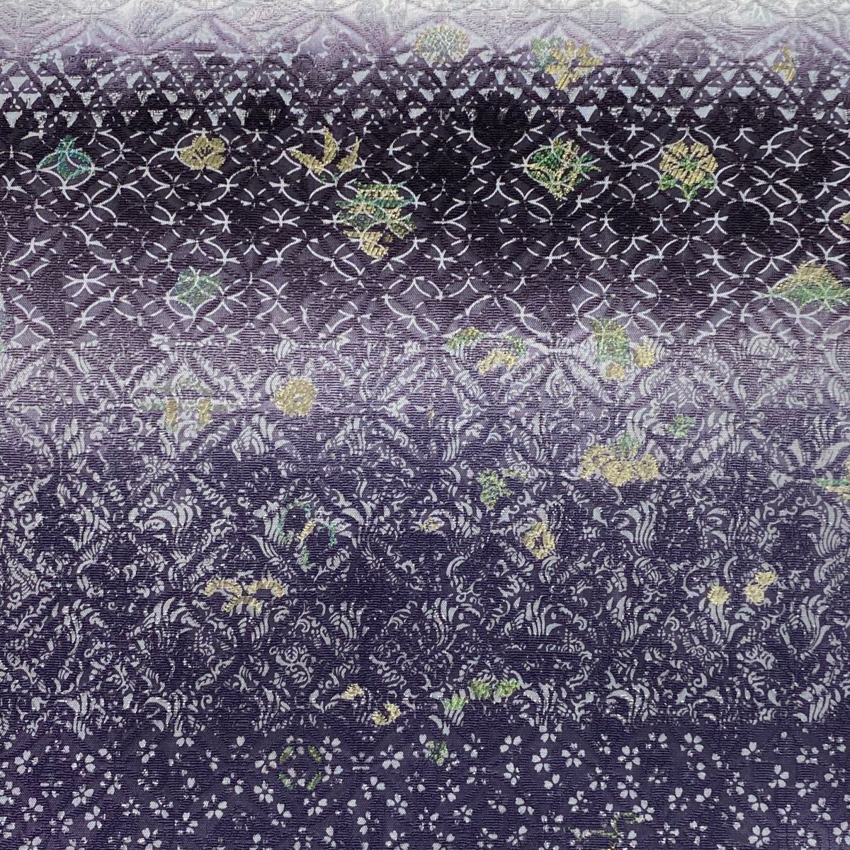 袋帯 リバーシブル やまと 草花 宝尽くし 金糸 紫 お太鼓柄 正絹