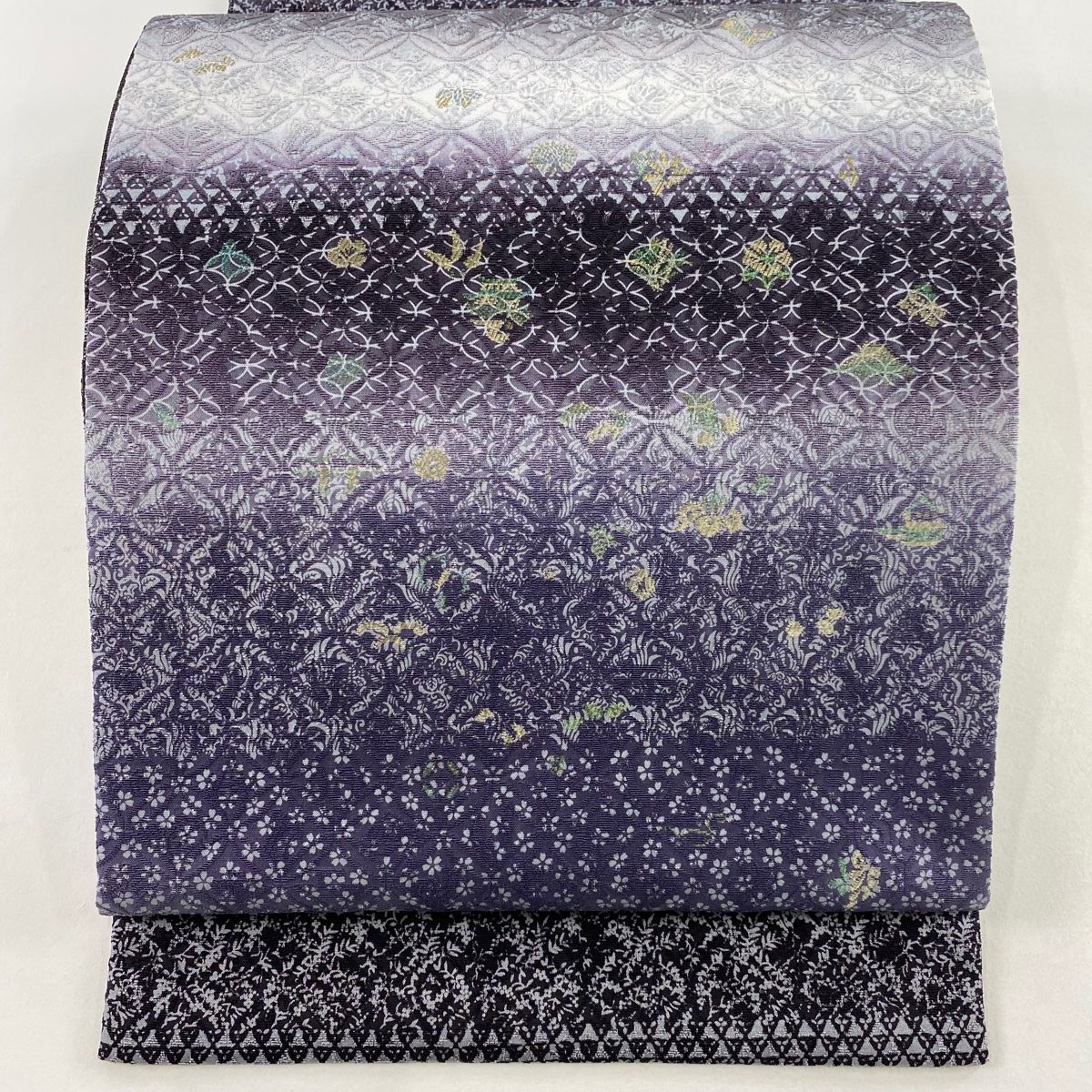 袋帯 リバーシブル やまと 草花 宝尽くし 金糸 紫 お太鼓柄 正絹