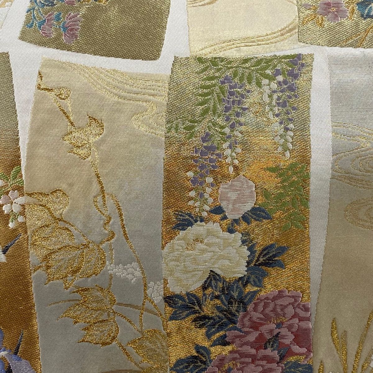 袋帯 じゅらく 落款 短冊 草花 刺繍 金糸 ベージュ 六通 正絹