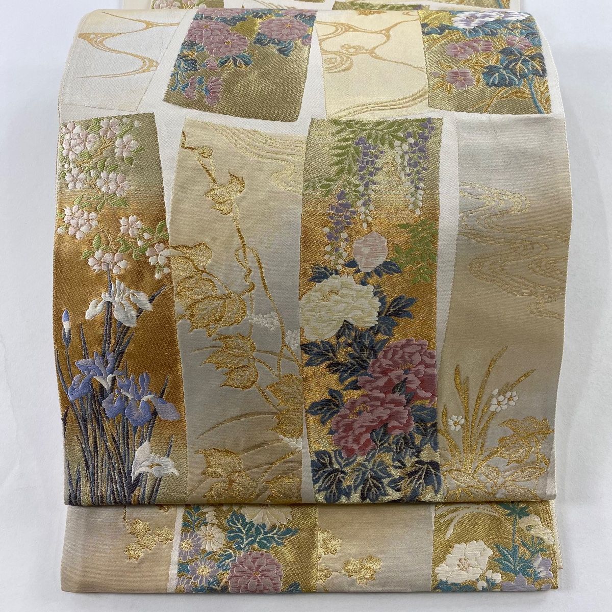 袋帯 じゅらく 落款 短冊 草花 刺繍 金糸 ベージュ 六通 正絹