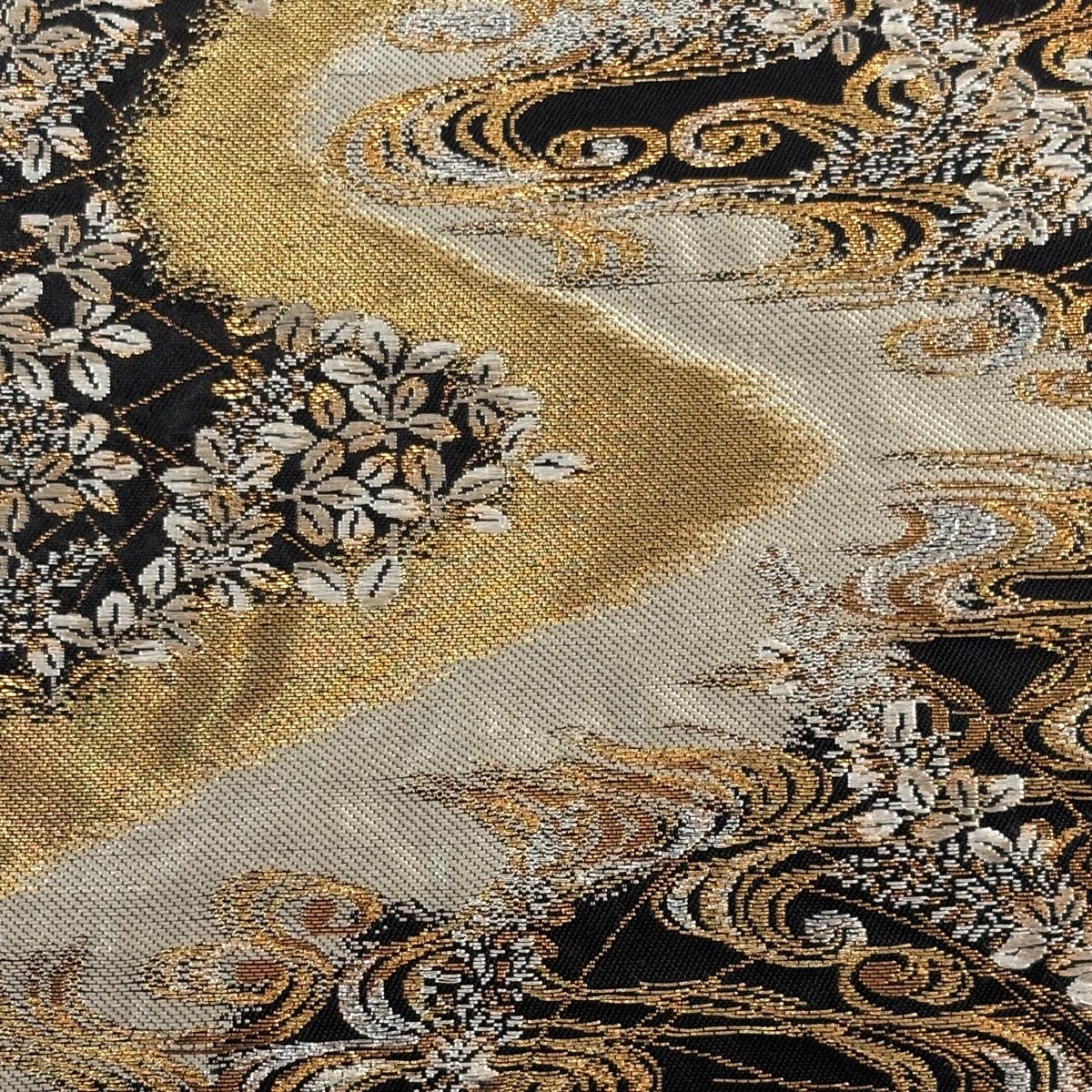 袋帯 加納幸 落款 萩 流水 金銀糸 刺繍 黒 お太鼓柄 正絹