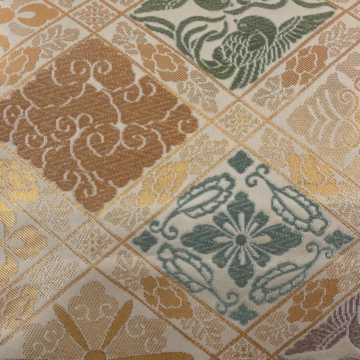 袋帯 川島織物 落款 花菱 尾長鳥 刺繍 箔 ベージュ 六通 正絹