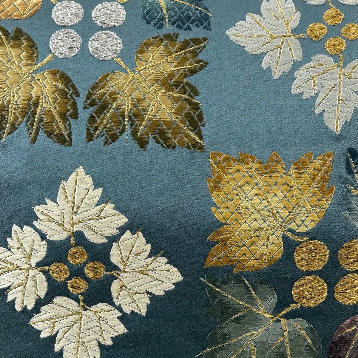 袋帯 葉と実 金銀糸 唐織 青緑 六通 正絹