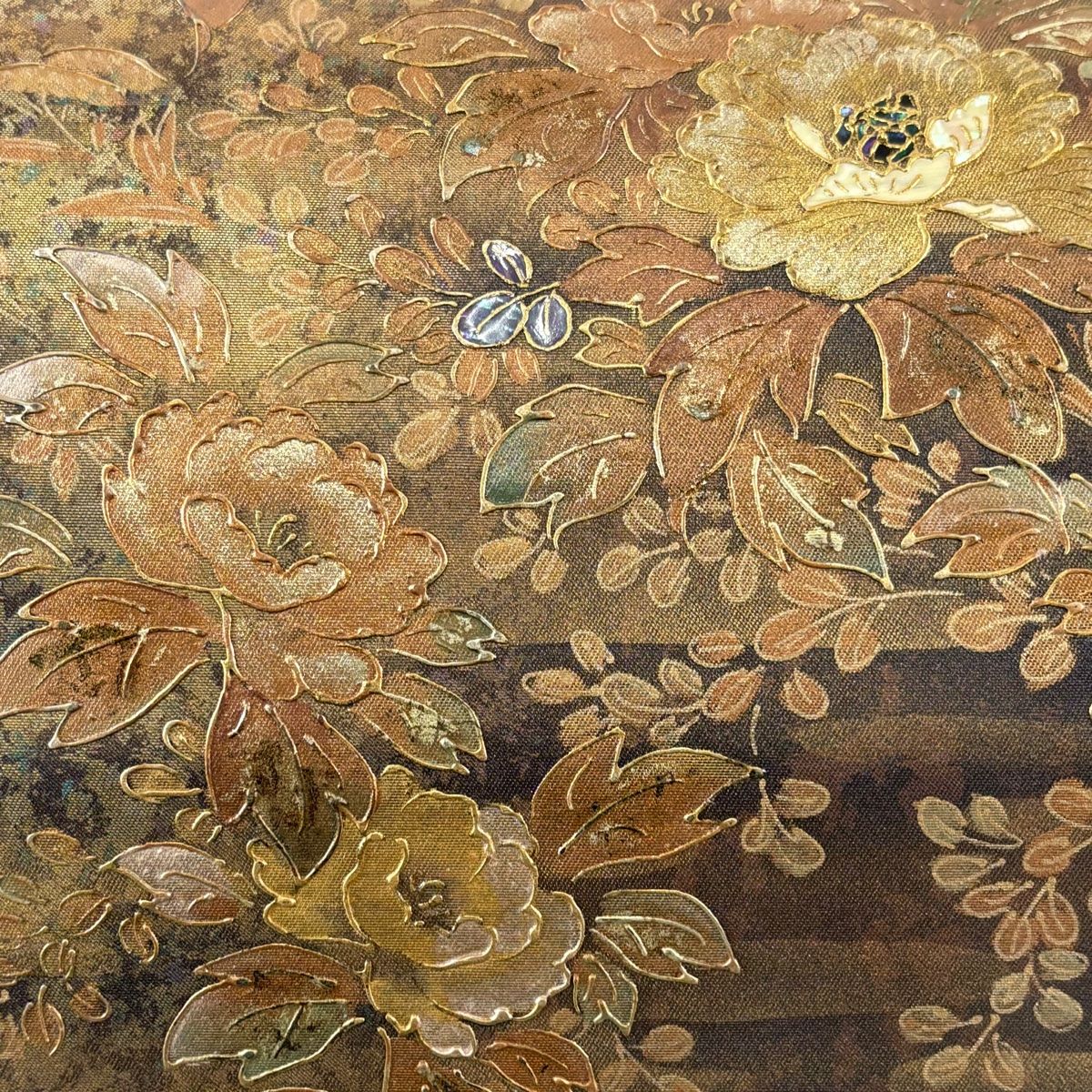 袋帯 牡丹 萩 金彩 螺鈿 焦茶色 お太鼓柄 正絹