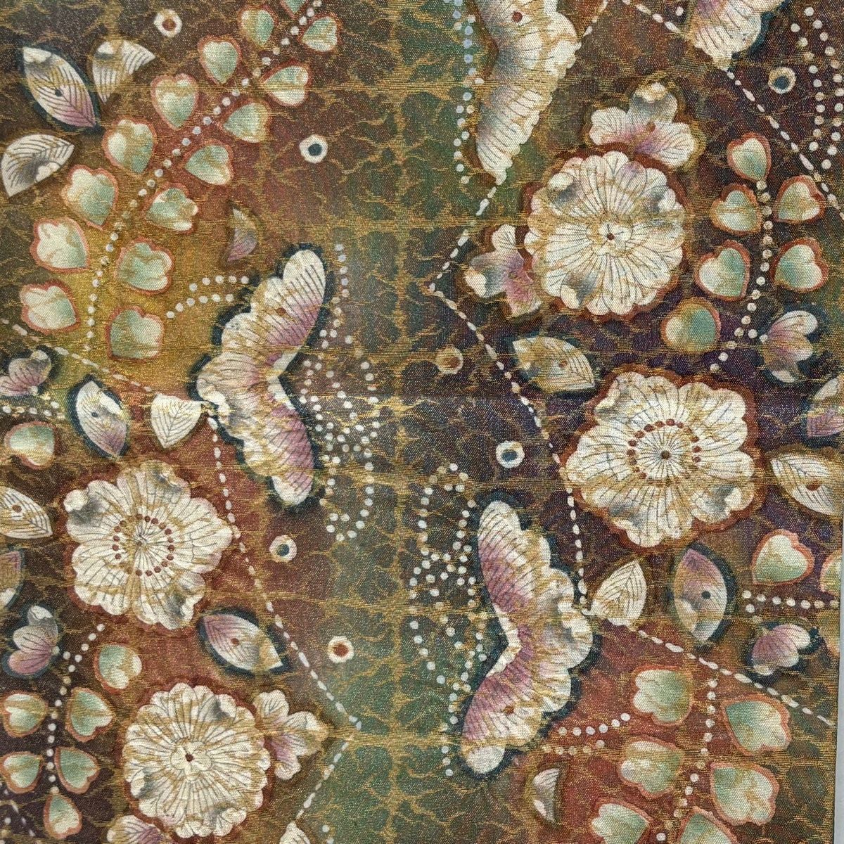  袋帯 落款 辻が花 箔 金糸 緑 お太鼓柄 正絹 袋帯 帯